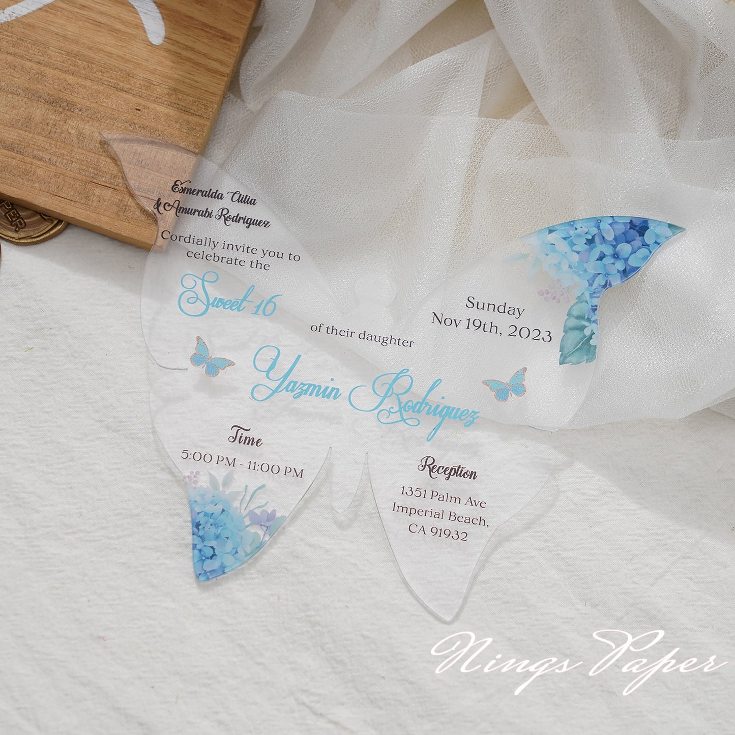 1mm/0.04" Baby Blue Butterfly Clear Acrylic Quinceanera Invitation Card with Envelope