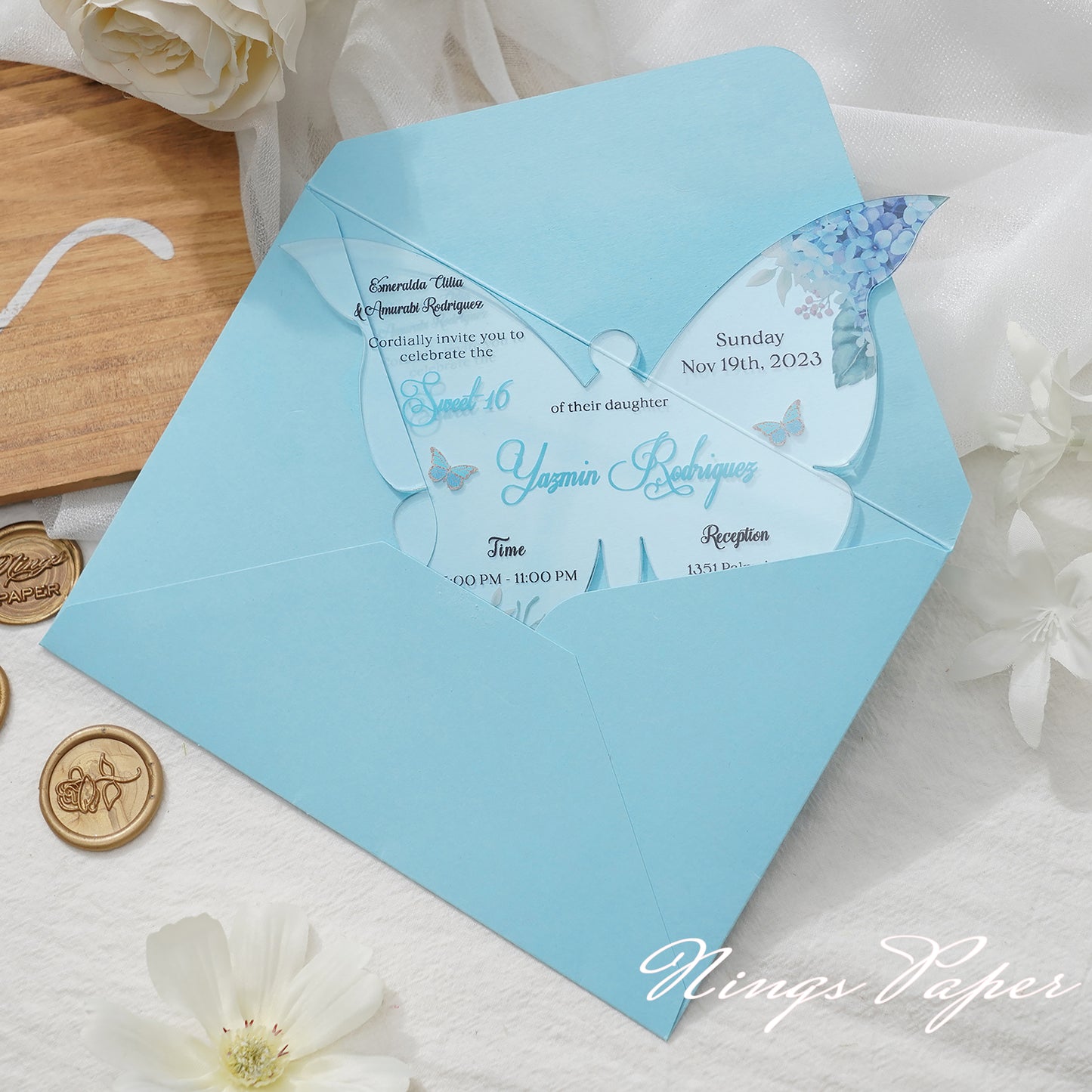 1mm/0.04" Baby Blue Butterfly Clear Acrylic Quinceanera Invitation Card with Envelope