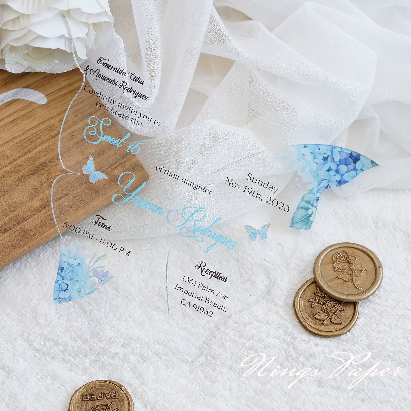 1mm/0.04" Baby Blue Butterfly Clear Acrylic Quinceanera Invitation Card with Envelope