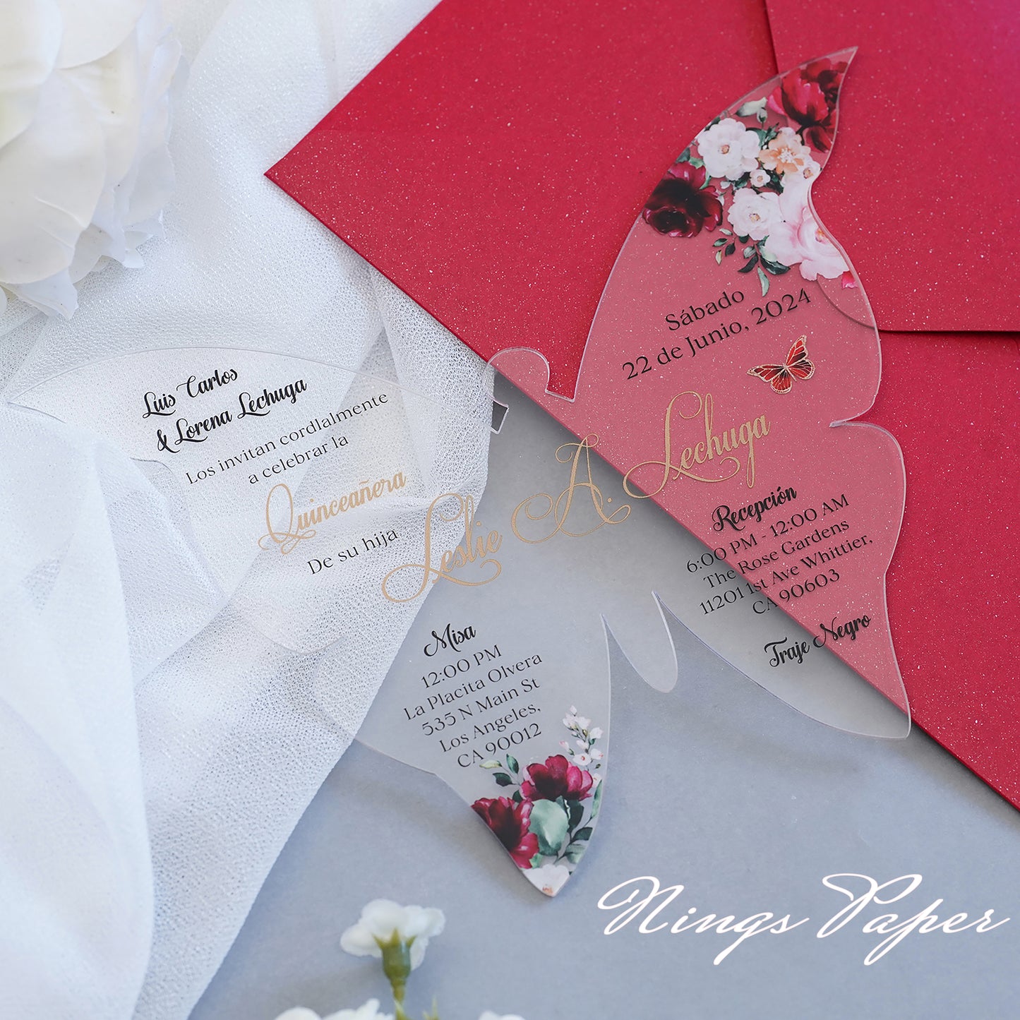 1mm/0.04" Burgundy Butterfly Clear Acrylic Quinceanera Invitation Card with Envelope（复制）