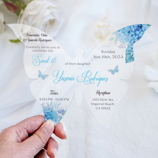 1mm/0.04" Baby Blue Butterfly Clear Acrylic Quinceanera Invitation Card with Envelope