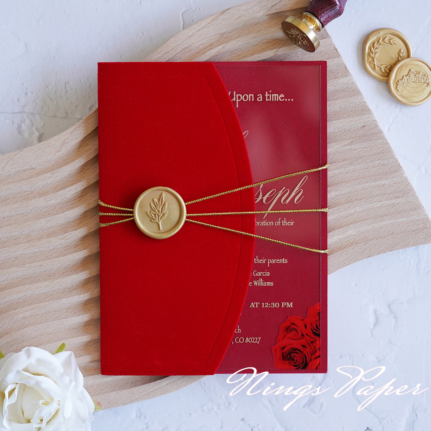 1mm/0.04" Clear Acrylic Wedding Invitation With Red Velvet Wrap Pocket, Wax Seal and Gold Thread