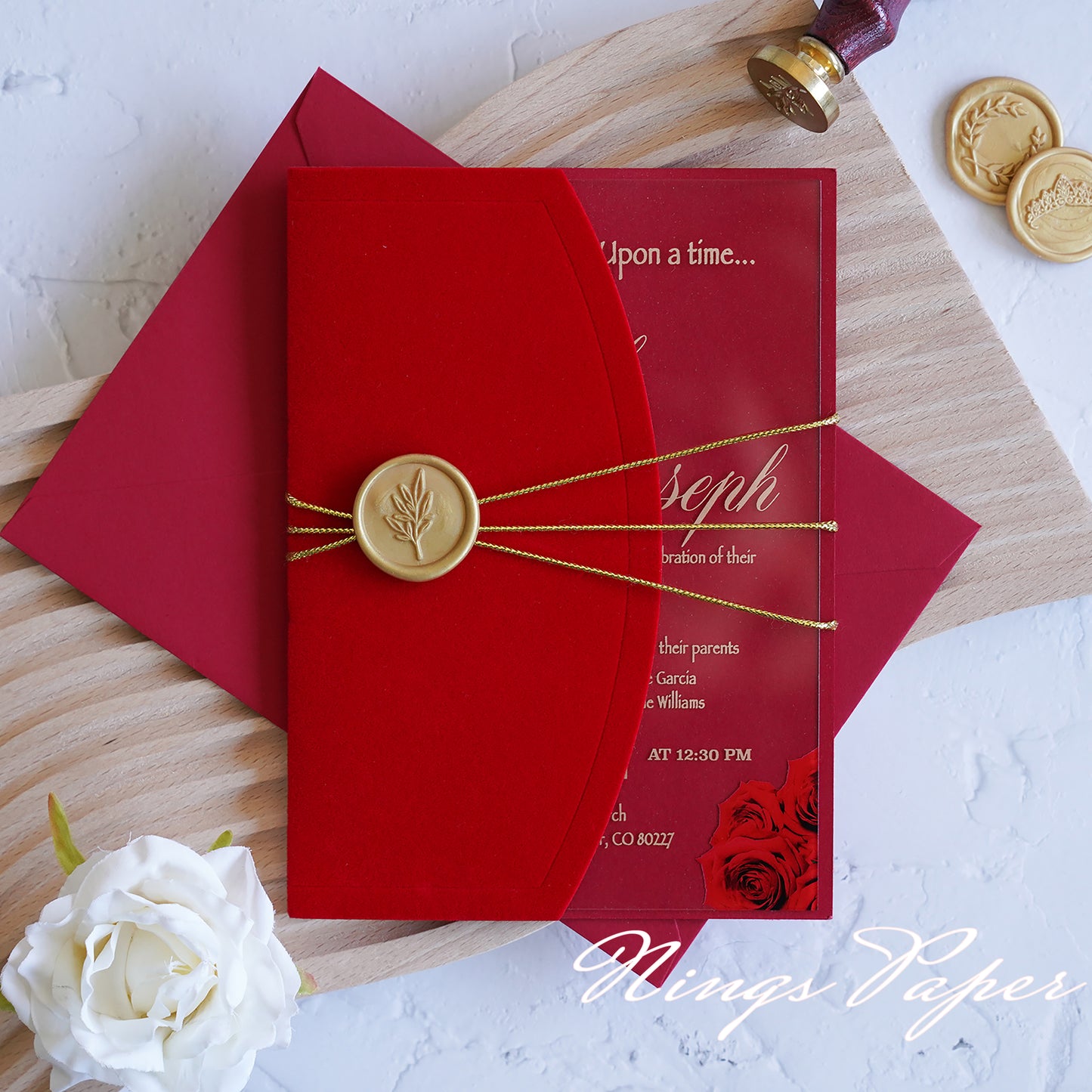 1mm/0.04" Clear Acrylic Wedding Invitation With Red Velvet Wrap Pocket, Wax Seal and Gold Thread