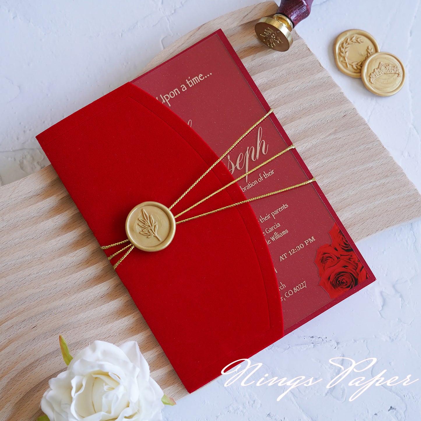 1mm/0.04" Clear Acrylic Wedding Invitation With Red Velvet Wrap Pocket, Wax Seal and Gold Thread