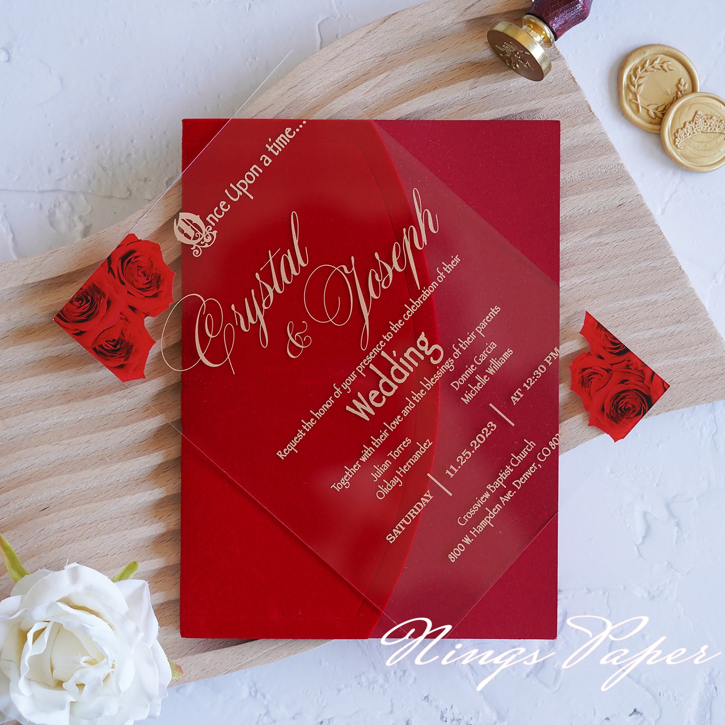 1mm/0.04" Clear Acrylic Wedding Invitation With Red Velvet Wrap Pocket, Wax Seal and Gold Thread