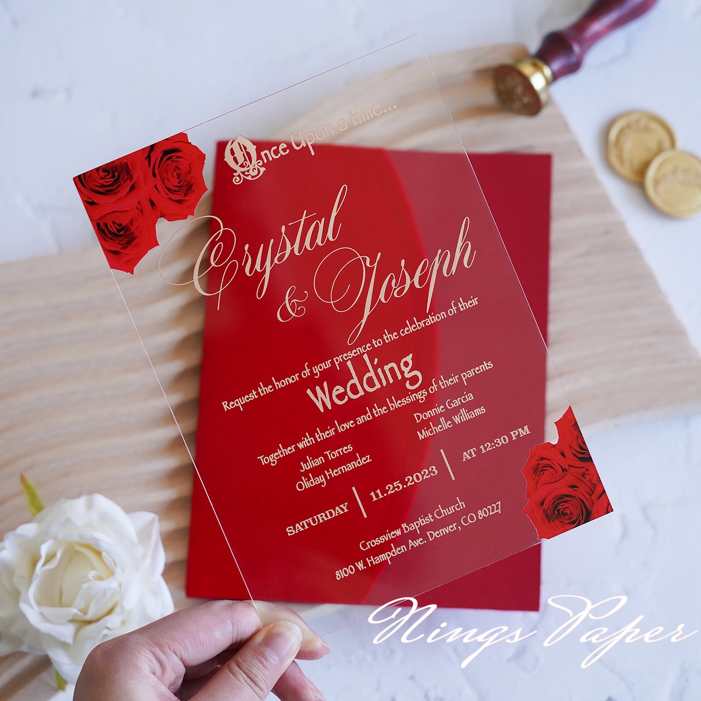 1mm/0.04" Clear Acrylic Wedding Invitation With Red Velvet Wrap Pocket, Wax Seal and Gold Thread