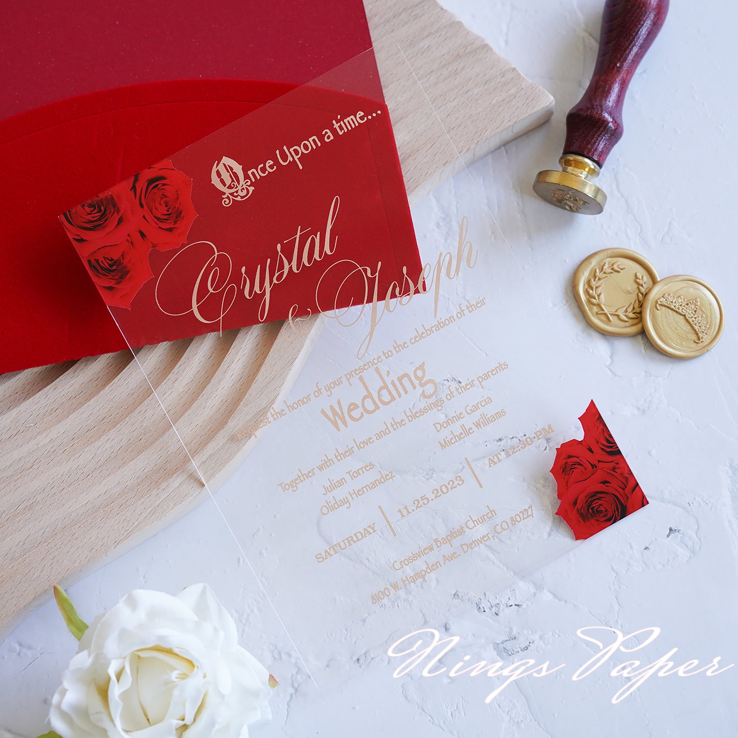 1mm/0.04" Clear Acrylic Wedding Invitation With Red Velvet Wrap Pocket, Wax Seal and Gold Thread