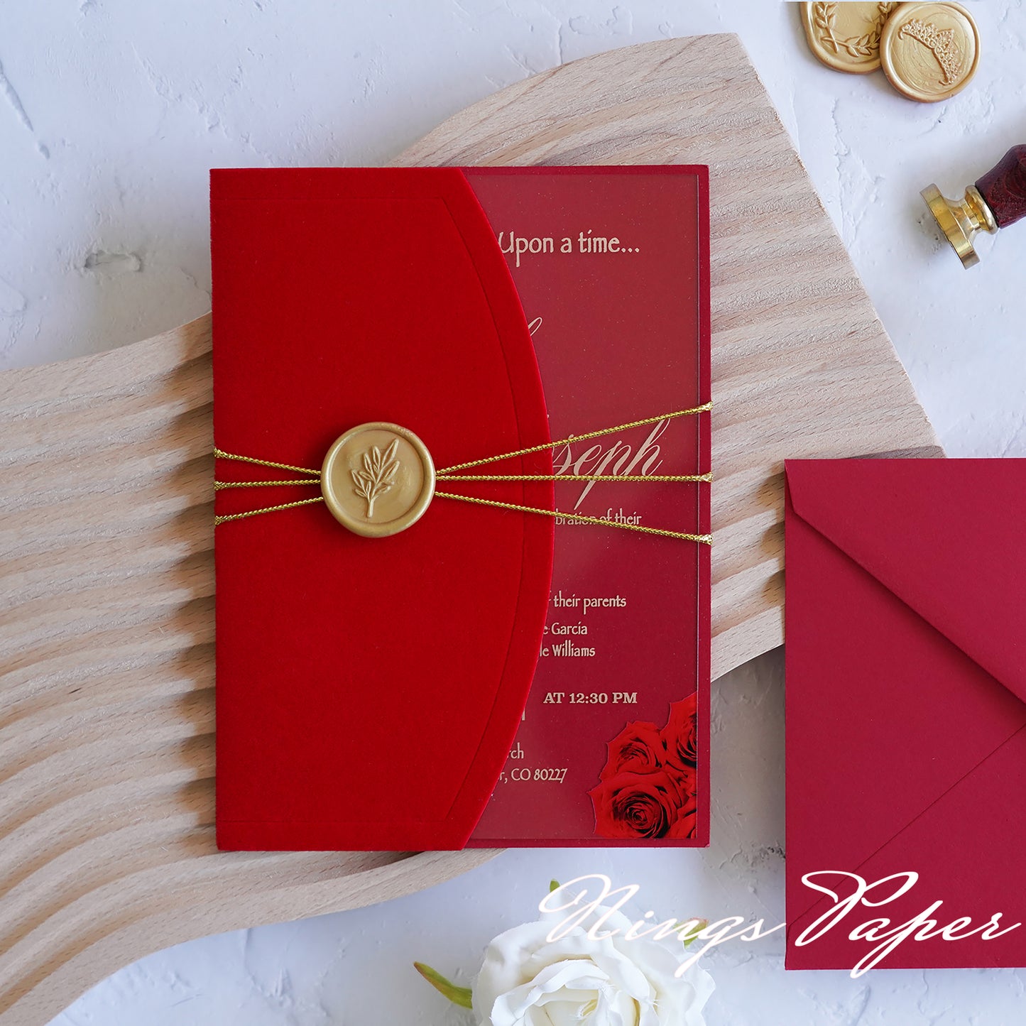 1mm/0.04" Clear Acrylic Wedding Invitation With Red Velvet Wrap Pocket, Wax Seal and Gold Thread