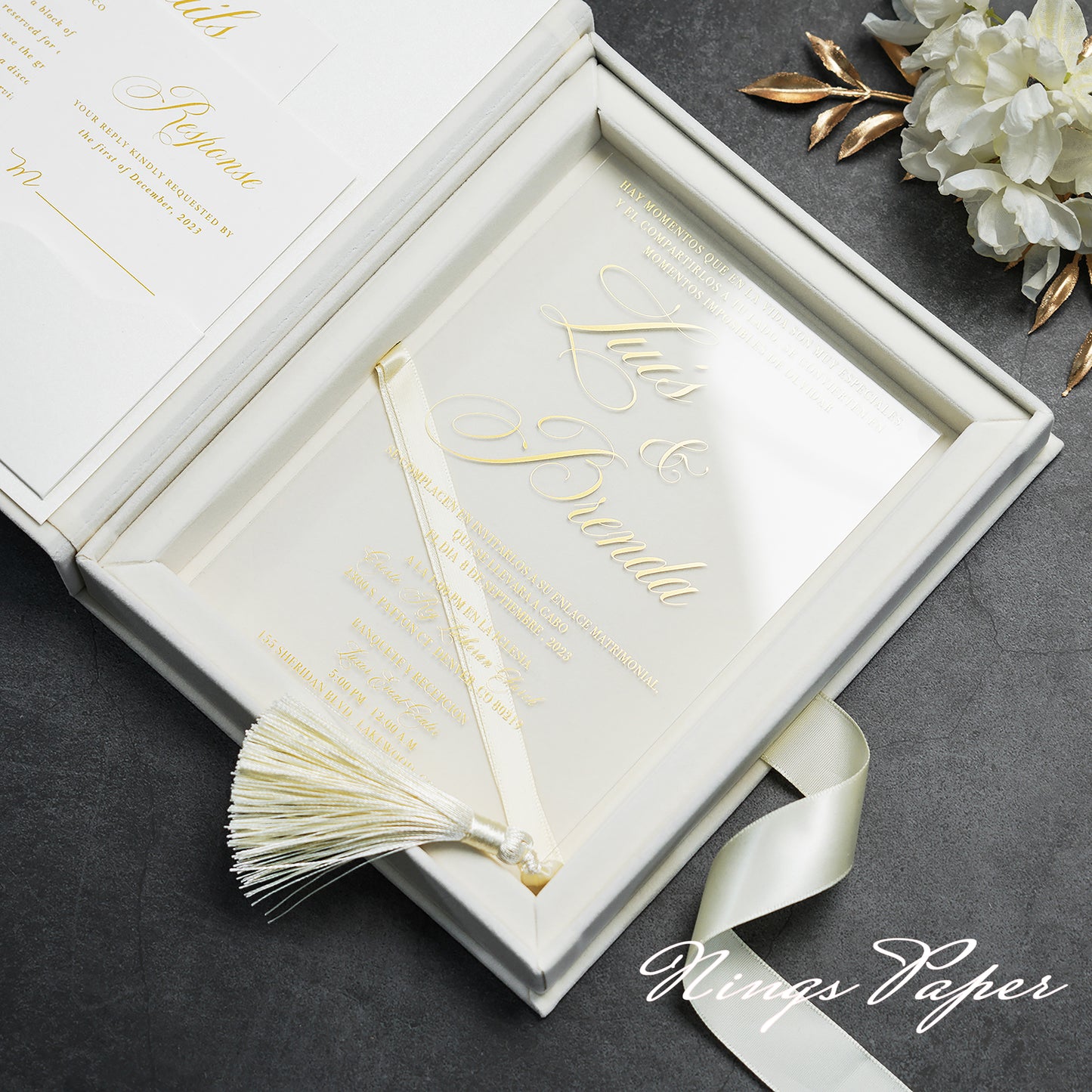 Wedding Velvet Boxed Invitations Cards Full Set, Clear Acrylic Wedding Cards in Velvet Box