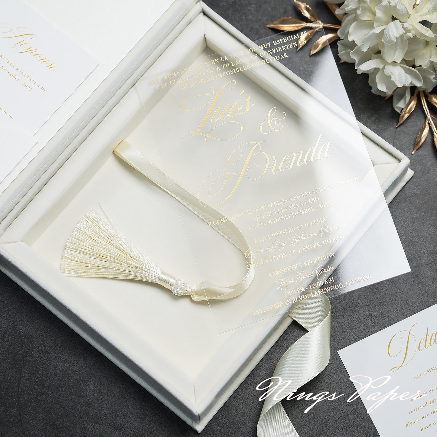 Wedding Velvet Boxed Invitations Cards Full Set, Clear Acrylic Wedding Cards in Velvet Box