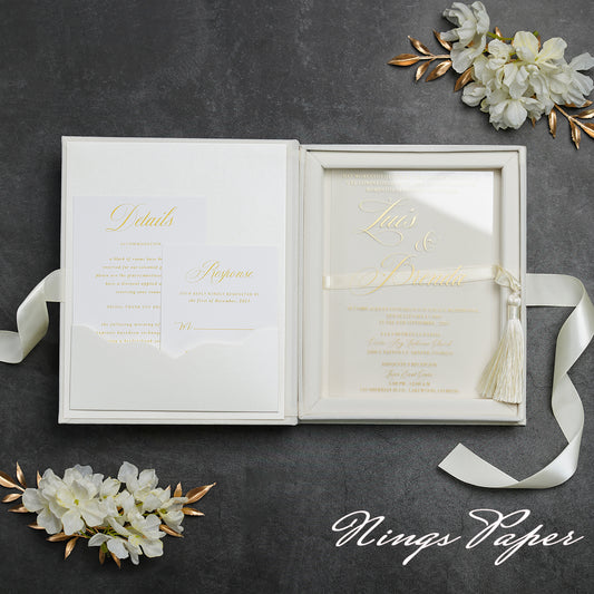 Wedding Velvet Boxed Invitations Cards Full Set, Clear Acrylic Wedding Cards in Velvet Box