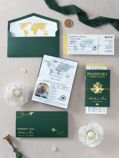 NingsPaper Emerald Green Wedding Passport Invite in Pocket & Mirror Tag Passport Invitation Suite