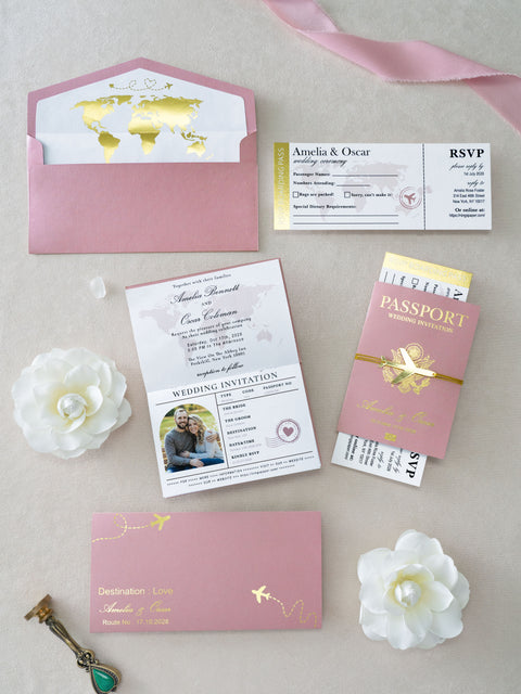 NingsPaper Dusty Rose Wedding Passport Invite in Pocket & Mirror Tag Passport Invitation Suite
