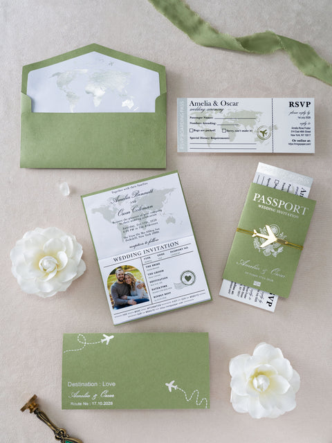 NingsPaper Sage Green Wedding Passport Invite in Pocket & Mirror Tag Passport Invitation Suite