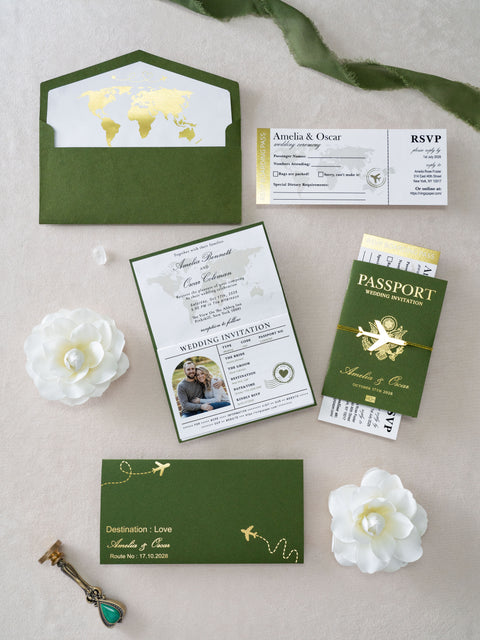NingsPaper Olive Green Wedding Passport Invite in Pocket & Mirror Tag Passport Invitation Suite