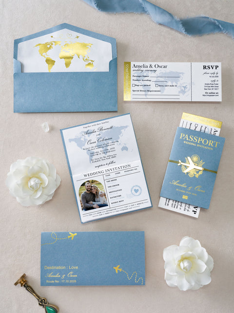 NingsPaper Dusty Blue Wedding Passport Invite in Pocket & Mirror Tag Passport Invitation Suite