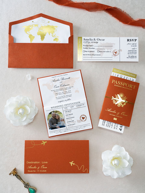 NingsPaper Burnt Orange Wedding Passport Invite in Pocket & Mirror Tag Passport Invitation Suite