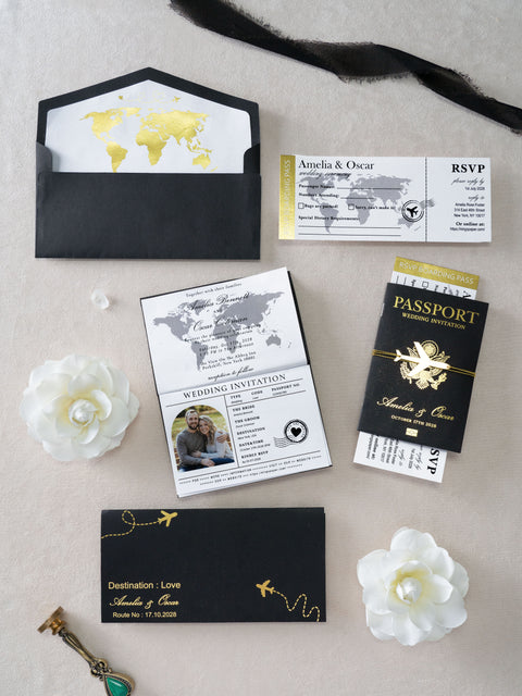 NingsPaper Black Wedding Passport Invite in Pocket & Mirror Tag Passport Invitation Suite