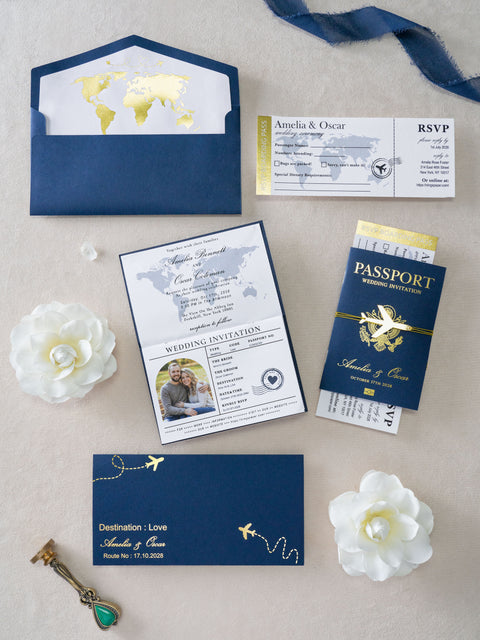 NingsPaper Navy Blue Wedding Passport Invite in Pocket & Mirror Tag Passport Invitation Suite