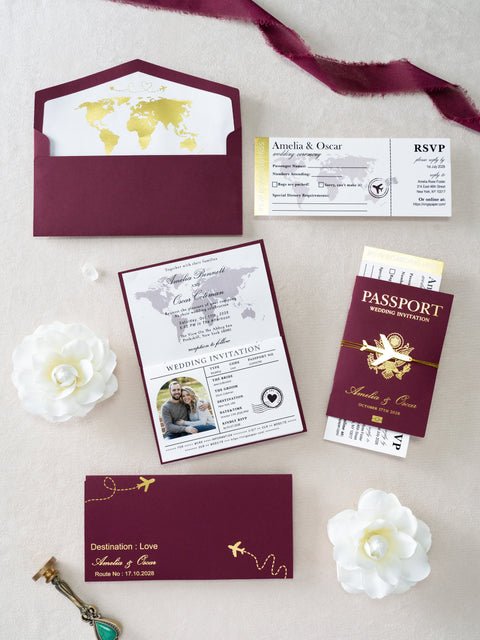 NingsPaper Burgundy Wedding Passport Invite in Pocket & Mirror Tag Passport Invitation Suite