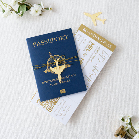 NingsPaper Navy Blue Wedding Passport Invite & Mirror Tag Passport Invitation Suite