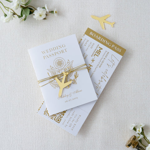 NingsPaper White Wedding Passport Invite & Mirror Tag Passport Invitation Suite