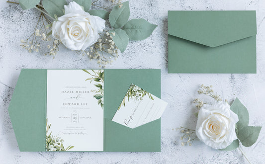 NingsPaper Sage Green Triple Folded  Wedding Invitation Pocket