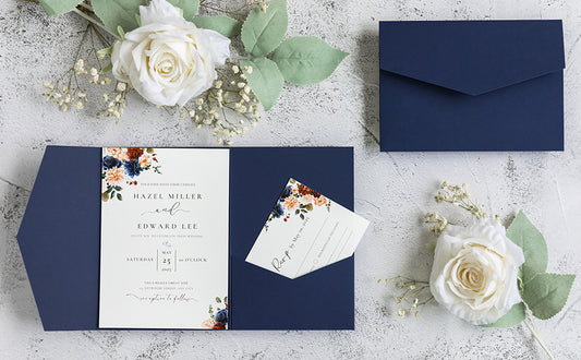 NingsPaper Navy Blue Triple Folded  Wedding Invitation Pocket