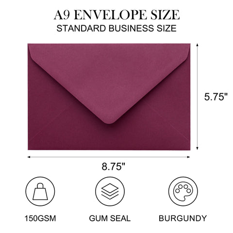 NingsPaper A9 Envelopes, 5.75 x 8.75'' Burgundy Wedding Mailing Envelopes