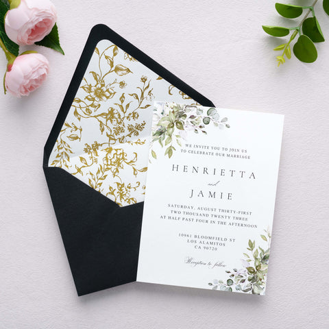 NingsPaper 50 Pieces  A7 Euro Flap Gold Foil Liner Envelopes, 5x7 Black Envelopes