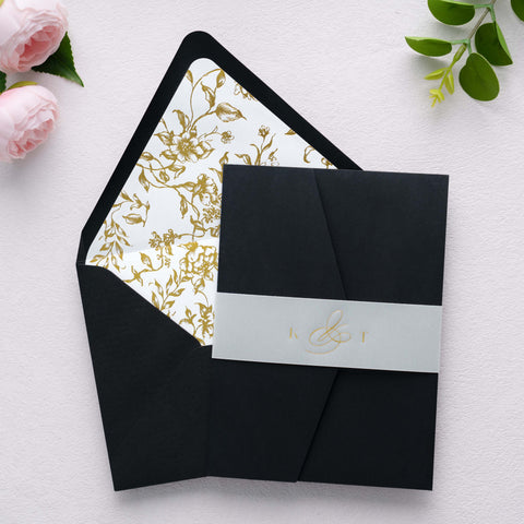 NingsPaper 50 Pieces  A7 Euro Flap Gold Foil Liner Envelopes, 5x7 Black Envelopes