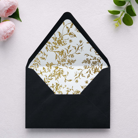 NingsPaper 50 Pieces  A7 Euro Flap Gold Foil Liner Envelopes, 5x7 Black Envelopes