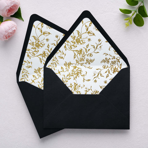 NingsPaper 50 Pieces  A7 Euro Flap Gold Foil Liner Envelopes, 5x7 Black Envelopes