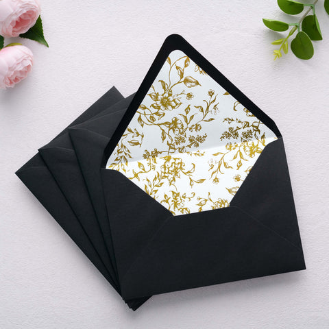 NingsPaper 50 Pieces  A7 Euro Flap Gold Foil Liner Envelopes, 5x7 Black Envelopes
