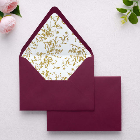 NingsPaper 50 Pieces  A7 Euro Flap Gold Foil Liner Envelopes, 5x7 Burgundy Envelopes