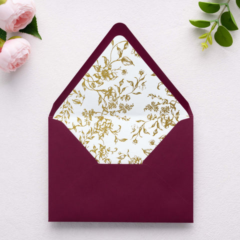 NingsPaper 50 Pieces  A7 Euro Flap Gold Foil Liner Envelopes, 5x7 Burgundy Envelopes