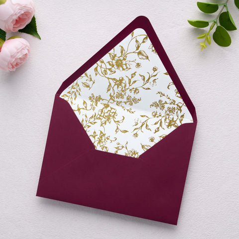 NingsPaper 50 Pieces  A7 Euro Flap Gold Foil Liner Envelopes, 5x7 Burgundy Envelopes