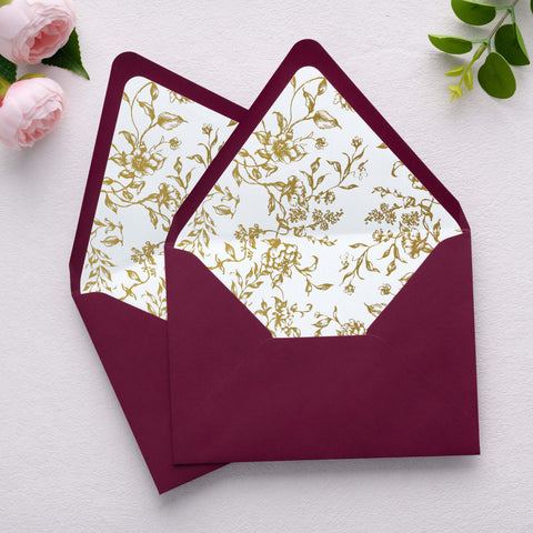 NingsPaper 50 Pieces  A7 Euro Flap Gold Foil Liner Envelopes, 5x7 Burgundy Envelopes