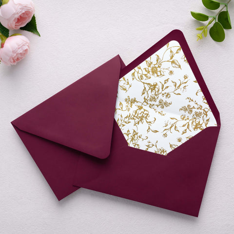 NingsPaper 50 Pieces  A7 Euro Flap Gold Foil Liner Envelopes, 5x7 Burgundy Envelopes