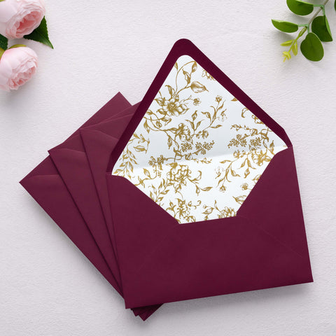 NingsPaper 50 Pieces  A7 Euro Flap Gold Foil Liner Envelopes, 5x7 Burgundy Envelopes