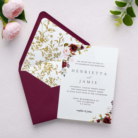 NingsPaper 50 Pieces  A7 Euro Flap Gold Foil Liner Envelopes, 5x7 Burgundy Envelopes