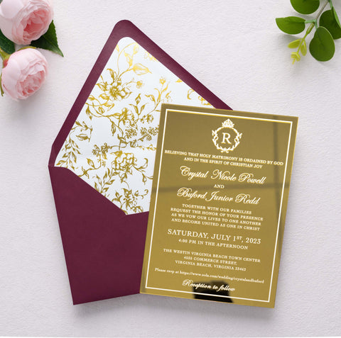 NingsPaper 50 Pieces  A7 Euro Flap Gold Foil Liner Envelopes, 5x7 Burgundy Envelopes