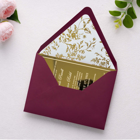 NingsPaper 50 Pieces  A7 Euro Flap Gold Foil Liner Envelopes, 5x7 Burgundy Envelopes