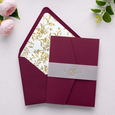 NingsPaper 50 Pieces  A7 Euro Flap Gold Foil Liner Envelopes, 5x7 Burgundy Envelopes