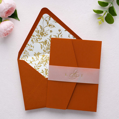 NingsPaper 50 Pieces  A7 Euro Flap Gold Foil Liner Envelopes, 5x7 Burnt Orange Envelopes