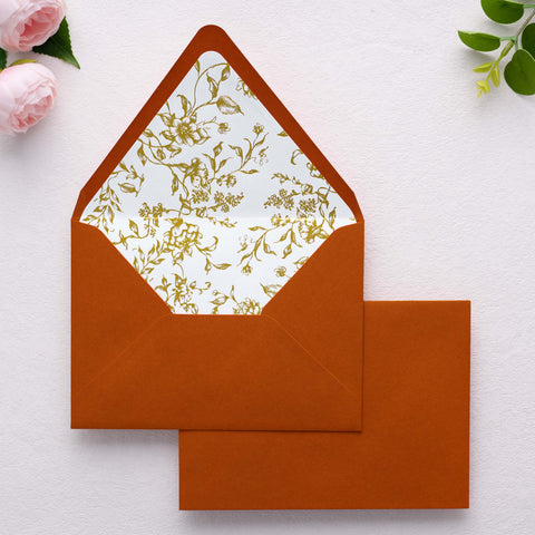 NingsPaper 50 Pieces  A7 Euro Flap Gold Foil Liner Envelopes, 5x7 Burnt Orange Envelopes