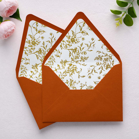 NingsPaper 50 Pieces  A7 Euro Flap Gold Foil Liner Envelopes, 5x7 Burnt Orange Envelopes