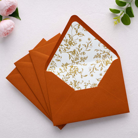 NingsPaper 50 Pieces  A7 Euro Flap Gold Foil Liner Envelopes, 5x7 Burnt Orange Envelopes