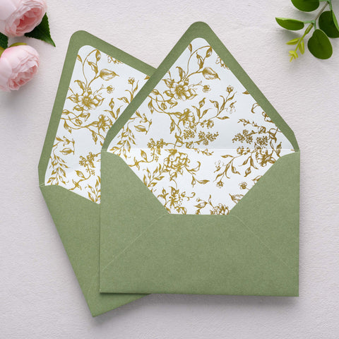 NingsPaper 50 Pieces  A7 Euro Flap Gold Foil Liner Envelopes, 5x7 Sage Green Envelopes