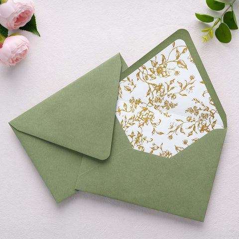 NingsPaper 50 Pieces  A7 Euro Flap Gold Foil Liner Envelopes, 5x7 Sage Green Envelopes